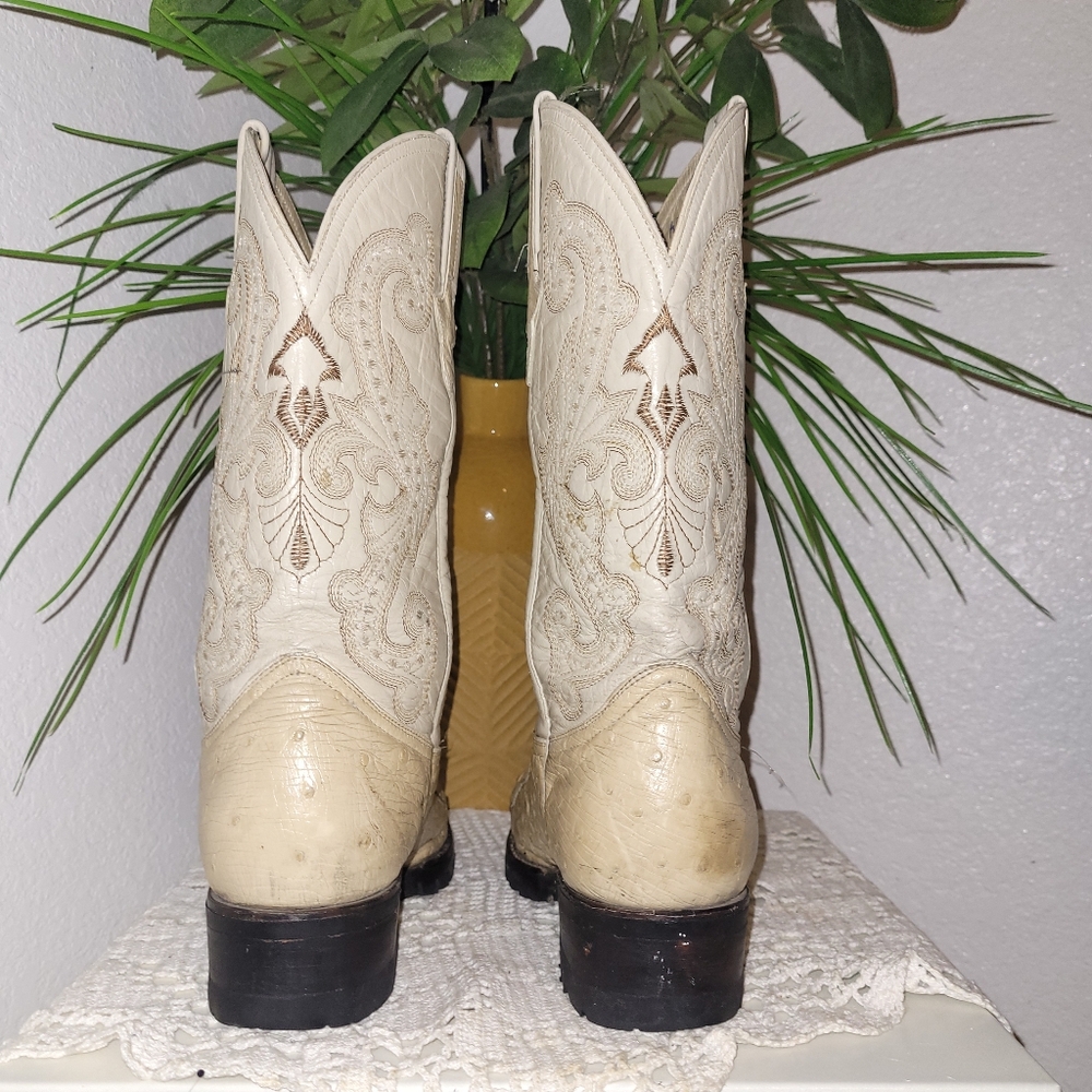 PISTOLERO Cream Ostrich Leather Cowboy/Cowgirl Boots Embroidery Size W9 Men 6 - Picture 6 of 13